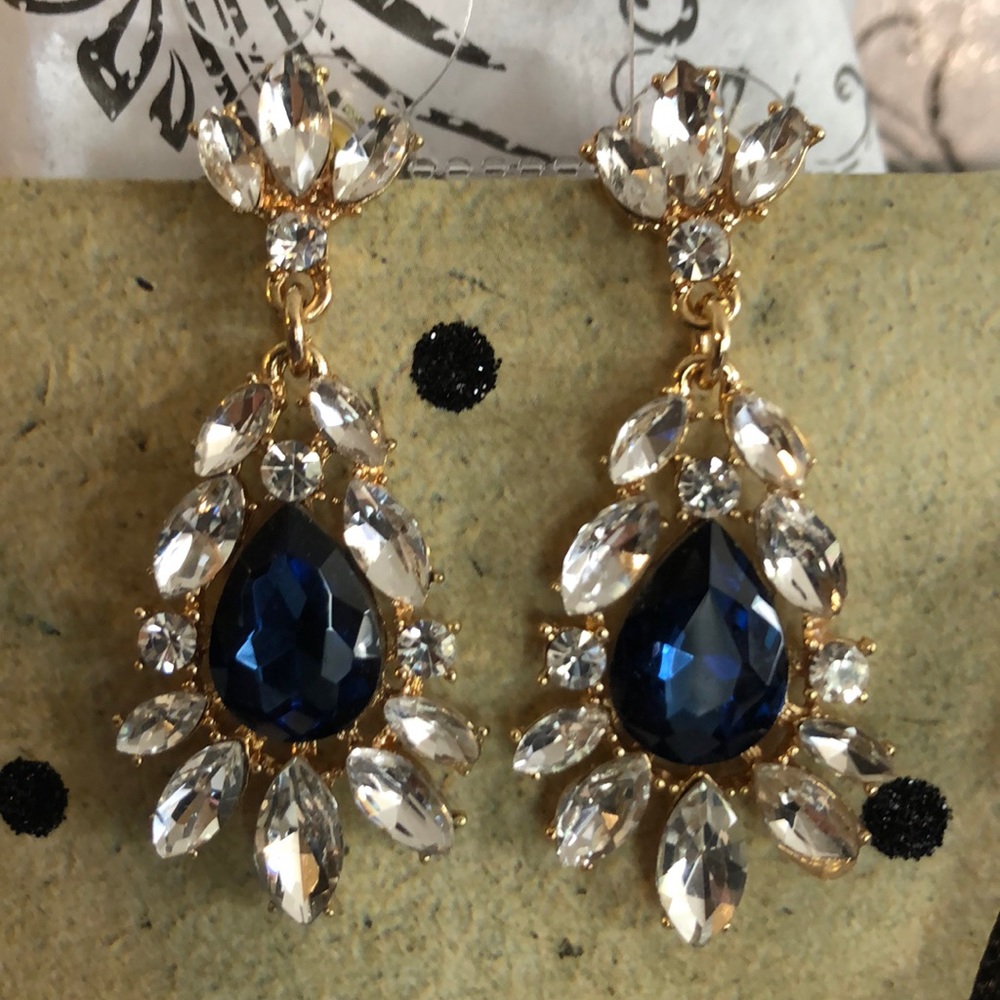 💃Gold Base Elegant Navy Teardrop Crystal Earrings